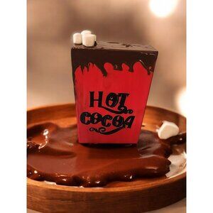 Hot Cocoa Wooden Block Decoration With Dripping Chocolate & Faux Marshmallows